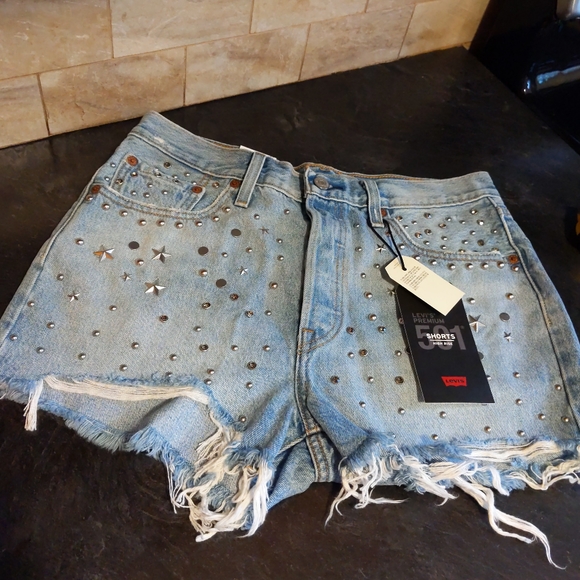 LEVI'S HIGH RISE NON STRETCH SHORTS JEAN WITH RHINESTONES,SIZE 29,NEW - Picture 3 of 15